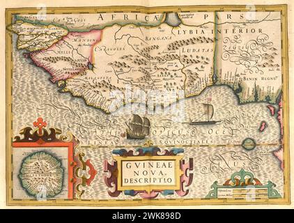 Atlas, Karte von 1623, Neuguinea, digital restaurierte Reproduktion aus einer Gravur von Gerhard Mercator, geboren als Gheert Cremer, 5. März 1512 - 2. Dezember 1594, Geografin und Kartographin / Landkarte aus dem Jahre 1623, Guinease Nova, Neu-Guinea, digitale Restaurierte Reproduktion von einem Kupferstich von Gerhard Mercator, Geboren als Gheert Cremer, 5. Vom 1512. Bis 2. März. Dezember 1594, Geograph und Kartograf Stockfoto