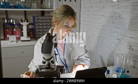 Eine junge kaukasische Wissenschaftlerin analysiert die Ergebnisse auf einem Tablet in einem Labor, umgeben von medizinischen Geräten. Stockfoto