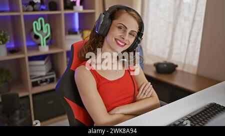 Selbstbewusste junge Frau, die glücklich die Spielwelt dominiert, makellos Videospiele mit gekreuzten Armen spielt, in einem dunklen Spielzimmer sitzt Stockfoto