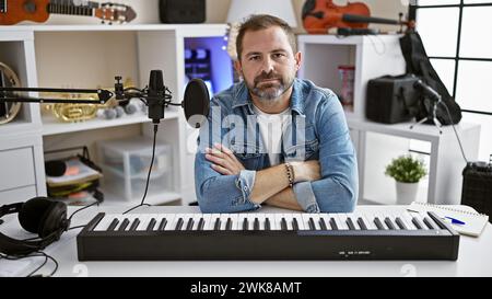 Reifer hispanischer Mann mit grauen Haaren posiert selbstbewusst in einem gut ausgestatteten Musikstudio Stockfoto