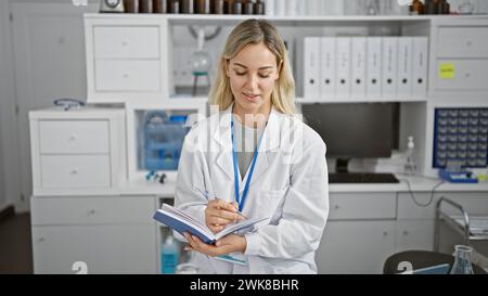 Eine junge kaukasische Frau in weißem Labormantel und Lanyard schreibt Notizen in einem klinischen Labor. Stockfoto
