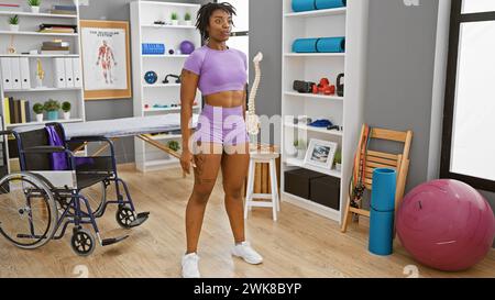 Selbstbewusste afroamerikanerin mit Dreadlocks steht in einer Physiotherapie-Klinik und trägt Sportbekleidung. Stockfoto