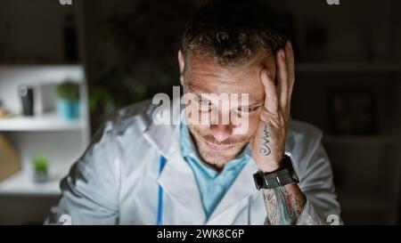 Nachdenklicher bärtiger Mann mit Tätowierungen im Labormantel drinnen nachts, der über seine Arbeit in einer Klinik nachdenkt Stockfoto