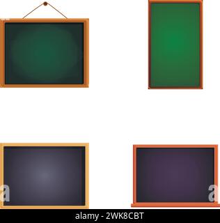 Symbole für Schwarze Bretter legen den Cartoon-Vektor fest. Schwarze und grüne Tafel in Holzrahmen. Schulausrüstung Stock Vektor
