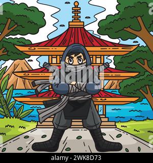 Ninja vor Pagode Colour Cartoon Stock Vektor