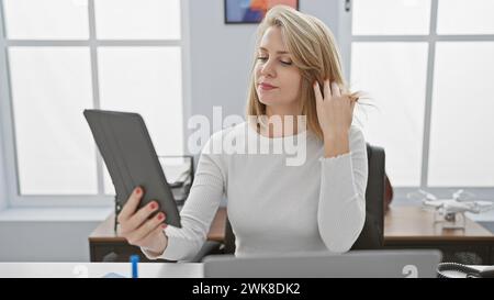Eine junge Frau mit kurzen blonden Haaren in einem weißen Pullover untersucht ein Tablet in ihrem modernen Büro. Stockfoto