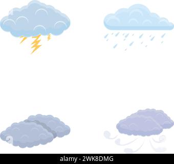 Wetter-Symbole setzen Cartoon-Vektor. Verschiedene Wolken mit Regen, Gewitter und Wind. Meteorologie, Wetterbedingungen Stock Vektor