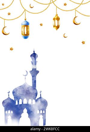 Aquarell islamische arabische Postkarte, Rahmen mit Silhouette von Moschee und Minarett, goldener Halbmond, Sterne auf einer Goldkette, Laternen Illustration Stockfoto