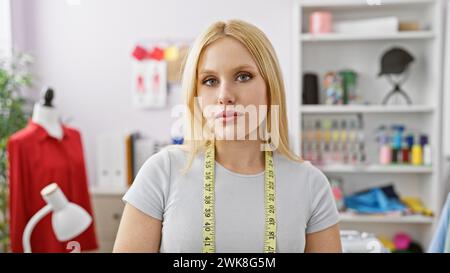 Blonde Schneiderin mit Maßband im Atelier, umgeben von Kleidungsstücken und Nähartikeln. Stockfoto