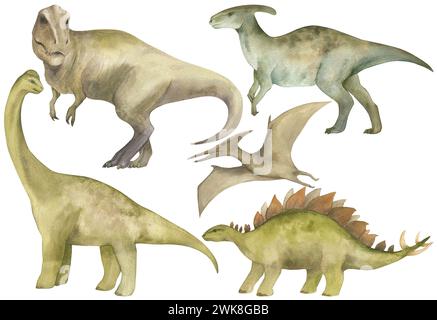 Aquarellillustration eines Dinosauriers, Aquarelltextur, handgefertigt, isoliertes Set. Für Kinderzimmer Dekor, Poster, Einladung Stockfoto