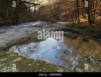 Fluss Neath flussabwärts vom Sgwd Ddwli ISAF Wasserfall im Winter. Stockfoto