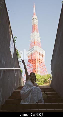 Wunderschöne hispanische Frau in Brille auf Treppen, ein Porträt der städtischen Moderne an tokios berühmtem Turmspot Stockfoto