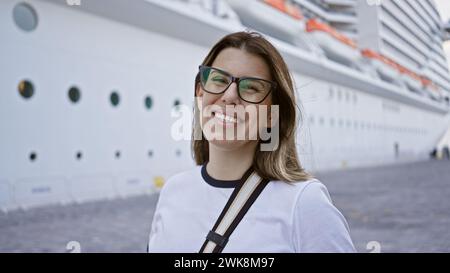 Lächelnde Frau auf einer Luxuskreuzfahrt mit einem Schiff im Hintergrund Stockfoto