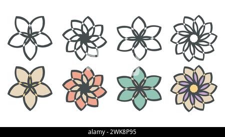 Set mit Blumensymbolen, Logo im Boho-Stil, schwarzer, auffälliger Linienstrich, Design im Doodle-Cartoon-Stil. Kreative Einrichtung mit Blumendesign, Umrisse, farbige isolierte Elemente Stock Vektor