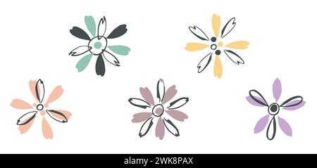 Blumensymbole Set, niedliches Logo im böhmischen Stil, handgezeichneter schwarzer Strich. Dekorative florale isolierte Elemente, Umrisse und farbige Bilder, Vektor Stock Vektor