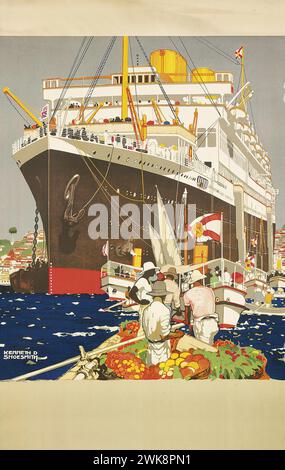 Schiffsbild vom Vintage Travel Poster für Transatlantic Cruise Ship to British Ad Poster, mit dem Bild des Schiffes im Hafen von Kenneth Shoesmith 1920er Stockfoto