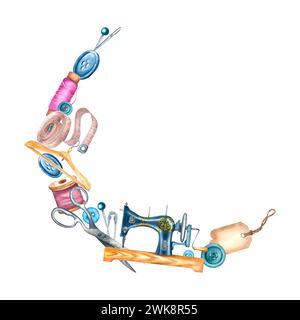 Halbrunde Komposition mit Nähmaschine, Schere, Bügel, Maßband. Handgezeichnete Aquarellillustration isoliert auf Hintergrund. Stockfoto