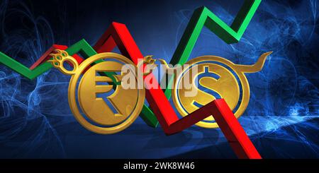 Bullischer usd in bärische inr-Währung. Devisenmarkt 3D-Darstellung von us-Dollar in indische Rupie. Inflationskonzept in indien. M Stockfoto