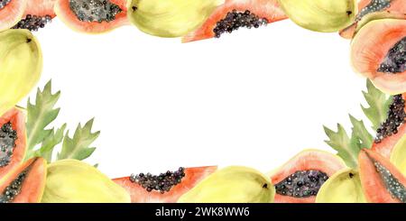 Rahmen mit tropischen Papaya-Früchten in Wasserfarben. Banner mit reifem Papaya und verschiedenen Scheiben und grünen Blättern für Verpackung, Etikett, Logo und Cocktaildesign. Stockfoto