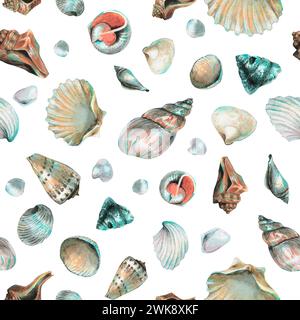 Muschelmuster auf isoliertem Hintergrund. Handgezeichnetes nahtloses Schmuckstück mit Meeresmuscheln zum Einpacken von Papier oder Textilien im nautischen Stil Stockfoto