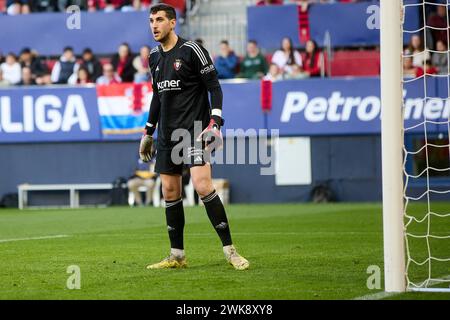 Pamplona, Spanien. Februar 2024. Sport. Sergio Herrera (1. CA Osasuna) spielte am 17. Februar 2024 während des Fußballspiels La Liga EA Sports zwischen CA Osasuna und Cadiz CF im El Sadar Stadion in Pamplona (Spanien). Kredit: Inigo Alzugaray/Cordon Press Kredit: CORDON PRESS/Alamy Live News Stockfoto