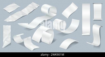 Papierstreifen für Rechnungen realistische Vektor-Illustration Set. Leere Schecks aus Filialvorlagen ausschneiden. Zahlungskontrolle 3D auf transparentem Hintergrund Stock Vektor