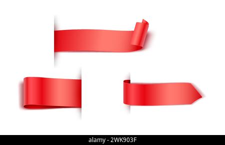 Rote gerollte Bänder realistische Vektor-Illustration Set. Leere Etiketten für 3D-Modelle in der Geschäftswerbung auf weißem Hintergrund. Kommerzielle Tags Stock Vektor