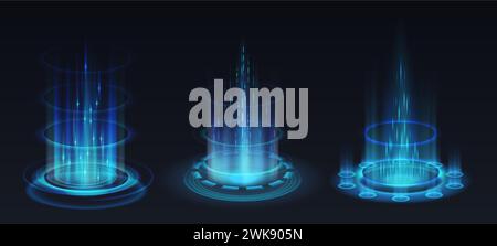 Verbessere dich in einem realistischen Vektor-Illustrationsset für Videospiele. Blinkende Lichteffekte von Portalen 3D-Elementen auf schwarzem Hintergrund. Technologievorlage Stock Vektor