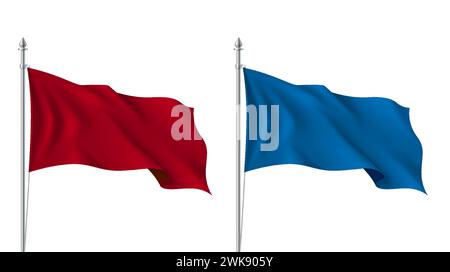 Rote und blaue leere Tabellenmarkierungen realistische Vektorabbildungen. Farbige Textil-Schilder für die Werbung von 3D-Modellen auf weißem Hintergrund. Bannerdesign Stock Vektor