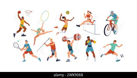 Sportler, die Sommerdisziplinen mit Farbvektor-Symbol im großen Set durchführen. Männer und Frauen, die Sportübungen machen, Illustrationspaket auf weißem Hintergrund Stock Vektor