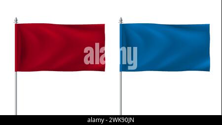 Rote und blaue leere Tabellenmarkierungen realistische Vektorabbildungen. Farbige Textil-Schilder für die Werbung von 3D-Modellen auf weißem Hintergrund. Bannerdesign Stock Vektor