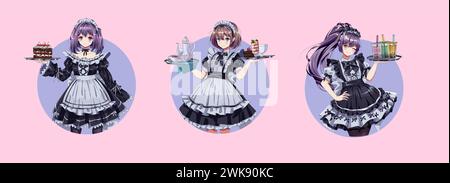 Mädchen in Uniformen runden Vektor-Avataren Set. Schöne Anime-Frauen, die Tabletts mit Kuchen und Getränke runden Logos auf rosa Hintergrund halten Stock Vektor