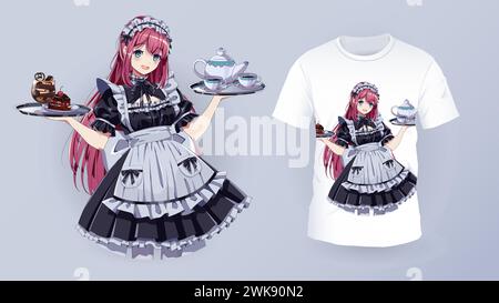 Hübsches Mädchen-Café-Mädchen und T-Shirt-Print-Vektor-Vorlage. Kawaii Anime-Frau, die Desserts und Kaffeecharakter für die Kleidung hält. Japanische Kunst Stock Vektor