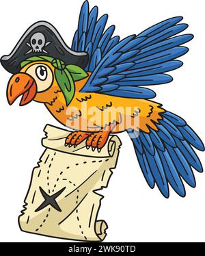 Pirate Paprot mit Karte Cartoon farbigem Clipart Stock Vektor