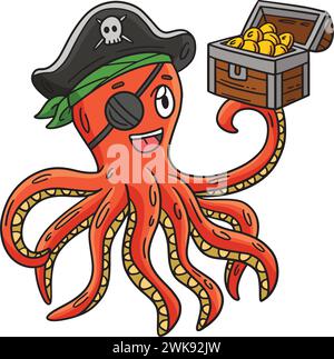 Pirate Octopus Hält Brust Cartoon Clipart Stock Vektor