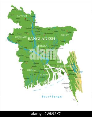 Sehr detaillierte physische Karte von Bangladesch, im Vektorformat, mit allen Reliefformen, Regionen und Großstädten. Stock Vektor