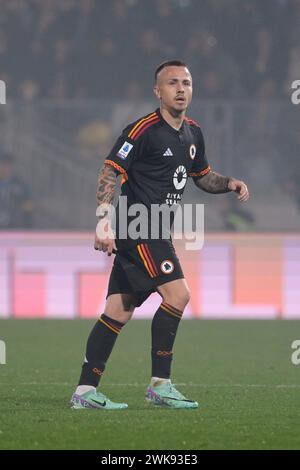 Frosinone, Italien. Februar 2024. Foto Fabrizio Corradetti/LaPresse 18 Febbraio 2024 Frosinone, Italia - Frosinone Calcio vs AS Roma - Campionato italiano di calcio Serie A TIM 2023/2024 - Stadio Benito Stirpe Nella foto: Angelino (AS Roma); 18. Februar 2024 Frosinone, Italien - Frosinone Calcio vs AS Roma - italienische Fußballmeisterschaft der Serie A 2023/2024 - Benito Stirpe Stadium. Auf dem Foto: Angelino (AS Roma); Credit: LaPresse/Alamy Live News Stockfoto