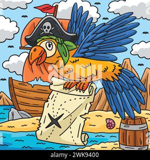 Pirate Paprot mit einem farbigen Cartoon in Kartenfarbe Stock Vektor