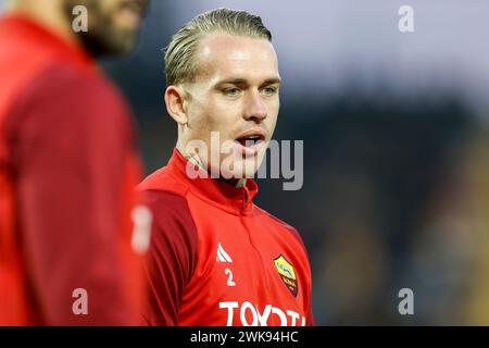 Rick Karsdorp, der niederländische Verteidiger der Roma, sieht sich am 18. Februar 2024 im Benito Stirpe-Stadion in Frosinone, Italien, dem Fußballspiel der Serie A zwischen Frosinone Calcio und AS Roma an. Stockfoto