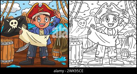 Pirat mit Schatzkarte Malbild Stock Vektor
