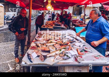 Catania, Italien - 1. November 2019: Fisch und Meeresfrüchte auf dem Fischmarkt in Catania, Sizilien, Italien. Frischer Fisch auf dem Fischmarkt in der Altstadt von Catania im p Stockfoto