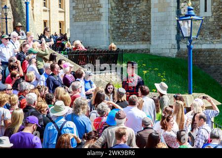 LONDON, GROSSBRITANNIEN - 16. MAI 2014: Ein nicht identifizierter Beefeater führt einen Ausflug im Tower of London durch. Stockfoto