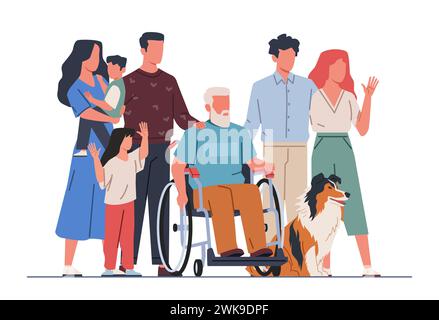 Menschen mit behindertem Familienmitglied. Opa im Rollstuhl, Personengruppe, Eltern und Kinder, verschiedene Generationen. Gelähmter Mann Cartoon Flat Style Stock Vektor