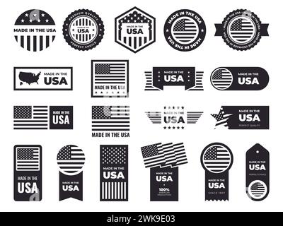 Schwarze Stempel hergestellt in den USA. Amerikanische Etiketten, hochwertige Produktembleme, patriotische Schilder und Banner, Siegelabzeichen, Sterne und Streifen, Nationalflaggen, Guara Stock Vektor