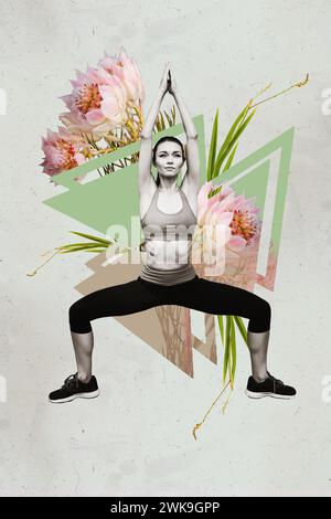 Vertikale Collage Bild Illustration monochromer Effekt starke junge Dame Praxis Meditation Therapie Meditation Sport Vorlage Stockfoto