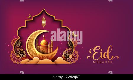 EID Mubarak muslimische Kunstgrüße mit goldener Moschee und kastanienbrauner Hintergrundtapete. Abstraktes Vektor-Illustrationsdesign. Stock Vektor