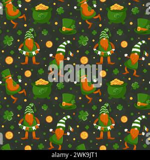 Nahtloses Muster von St.. Patricks Day-Symbole. Leprechauns. Zeichentrickfiguren in Top-Hut, mit Girlande, irischer Flagge. Goldener Kessel, Vintage. Vier lea Stock Vektor