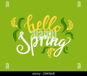Hallo Frühling. Erste Blüten, Mimosa. Minimalistischer flacher Stil, Vektorbanner. Werbung mit Vintage-Schriftzeichen, Website-Poster-Flyer Stock Vektor