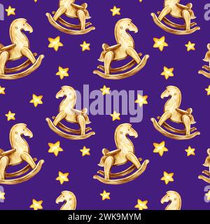 Nahtloses Aquarellmuster mit Spielzeug und Sternen, handgezeichnetes Vintage-Holzschaukelpferd und gelbe Sterne, Illustration von Kinderspielzeug, Skizze von c Stockfoto