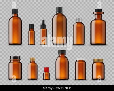 Bernsteinfarbene Flaschen, Kosmetiköl und pharmazeutische Modelle aus braunem Glas, Vektorgläser. Bernsteinfarbene Flaschen oder Arzneimittel- und Apothekenröhrchen mit Pipettenpipettierpipettentropfen und schwarzer Gummikappe für ätherisches Öl oder Sirup Stock Vektor